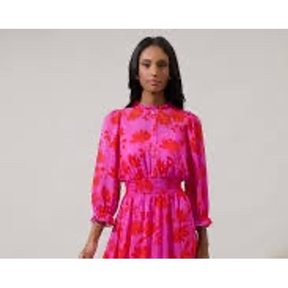 Small tiered elastic blouson waist mini dress pink long sleeve flattering Aline